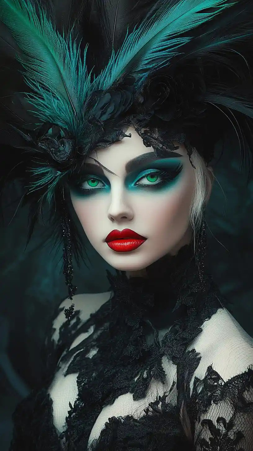 Woman with feathered headpiece and bold red lips portrait