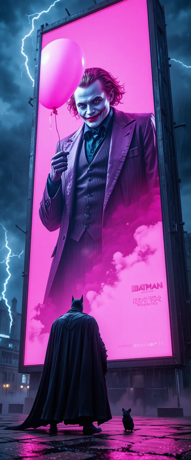 Superhero In Rain Before Neon Villain Billboard At Night