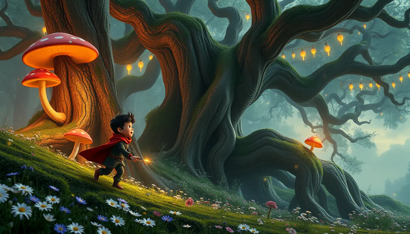Children and animals in a glowing enchanted forest