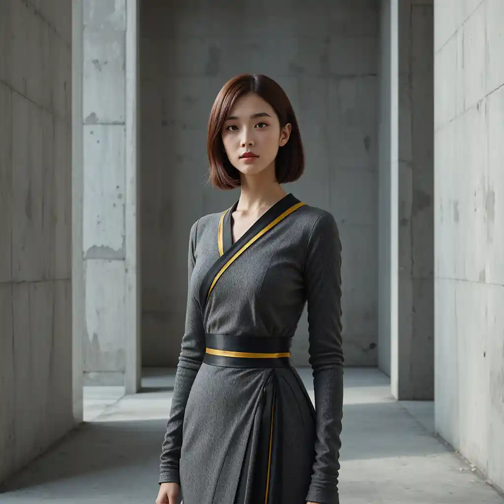 Korean woman in gunmetal gown in brutalist interior