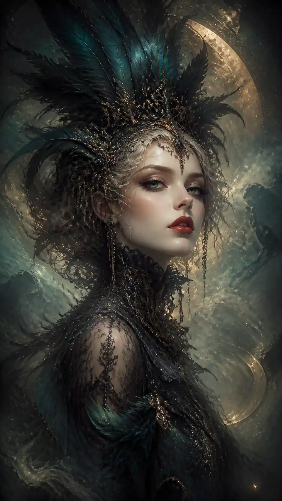Glamorous woman with feathered headpiece and green eyes