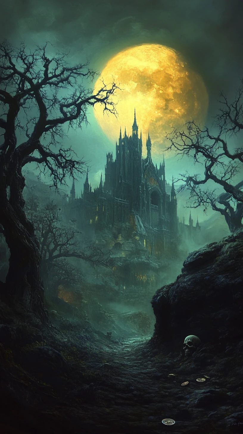 Gothic castle beneath an enormous glowing full moon