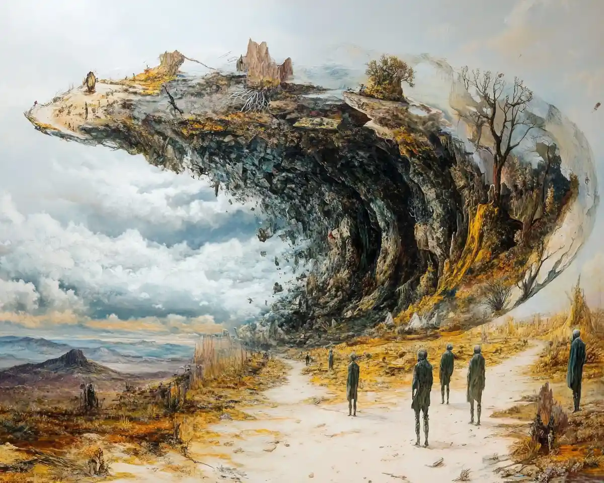 Surreal optical illusion scene with multiple overlapping images