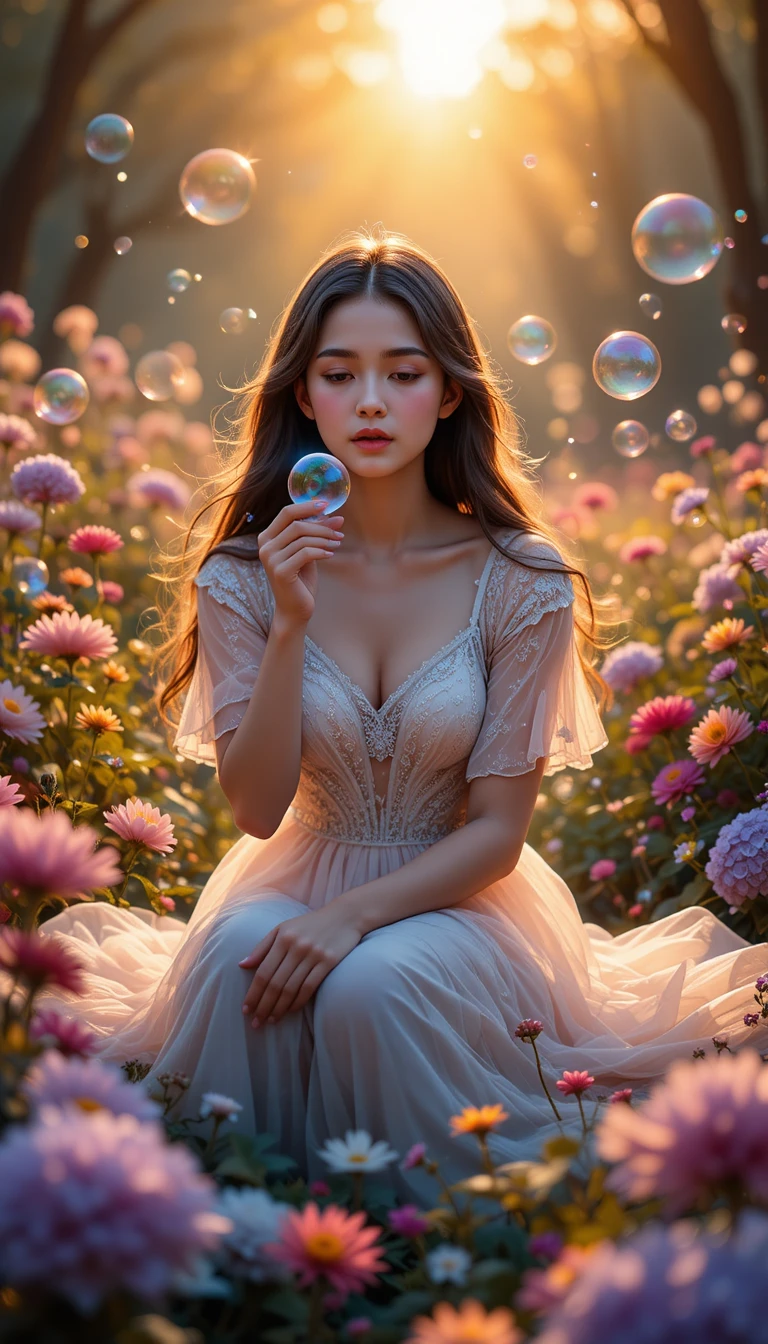 Young woman blowing soap bubbles in magical flower garden