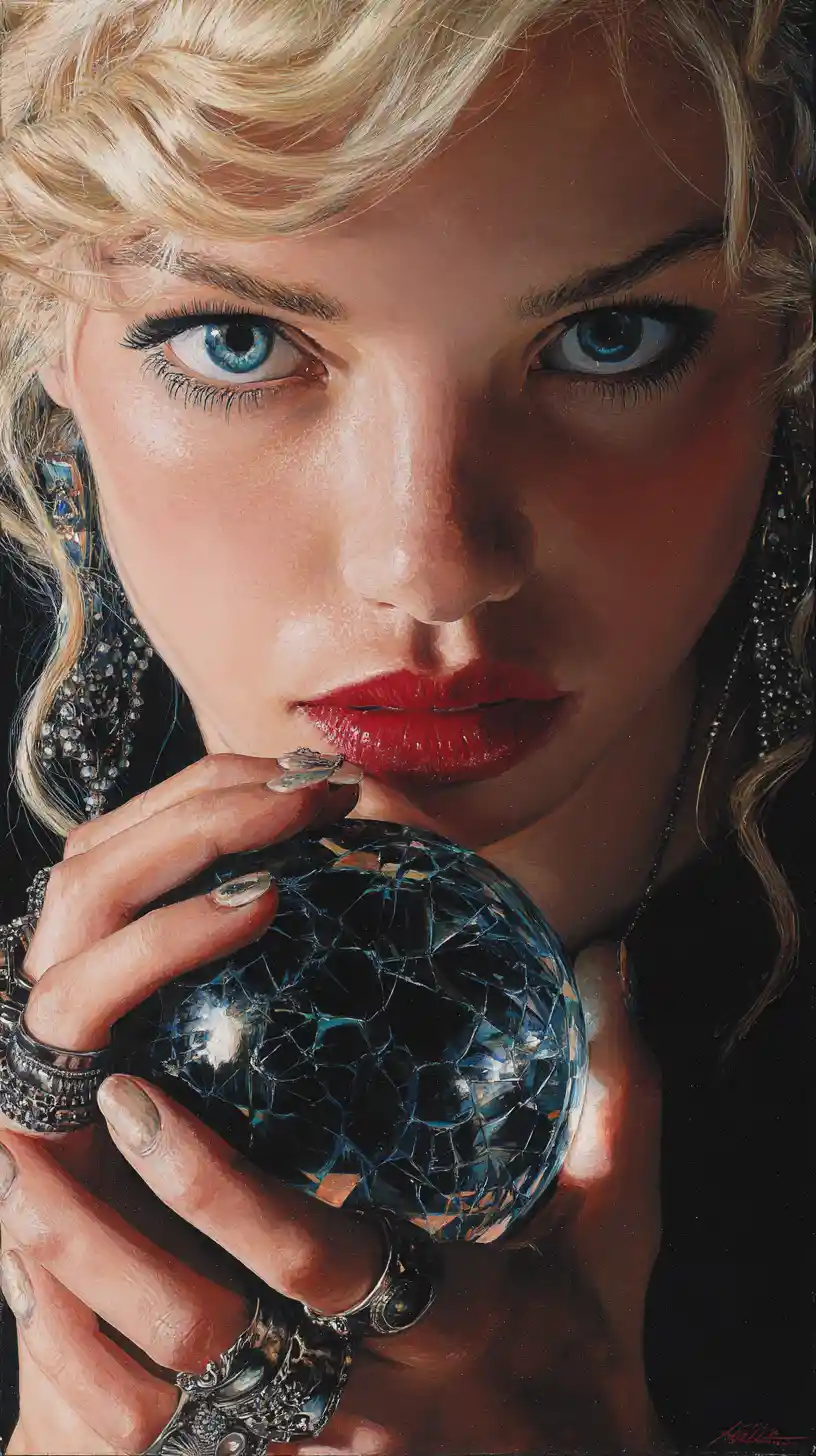 Blonde girl with glass ball and intense blue eyes