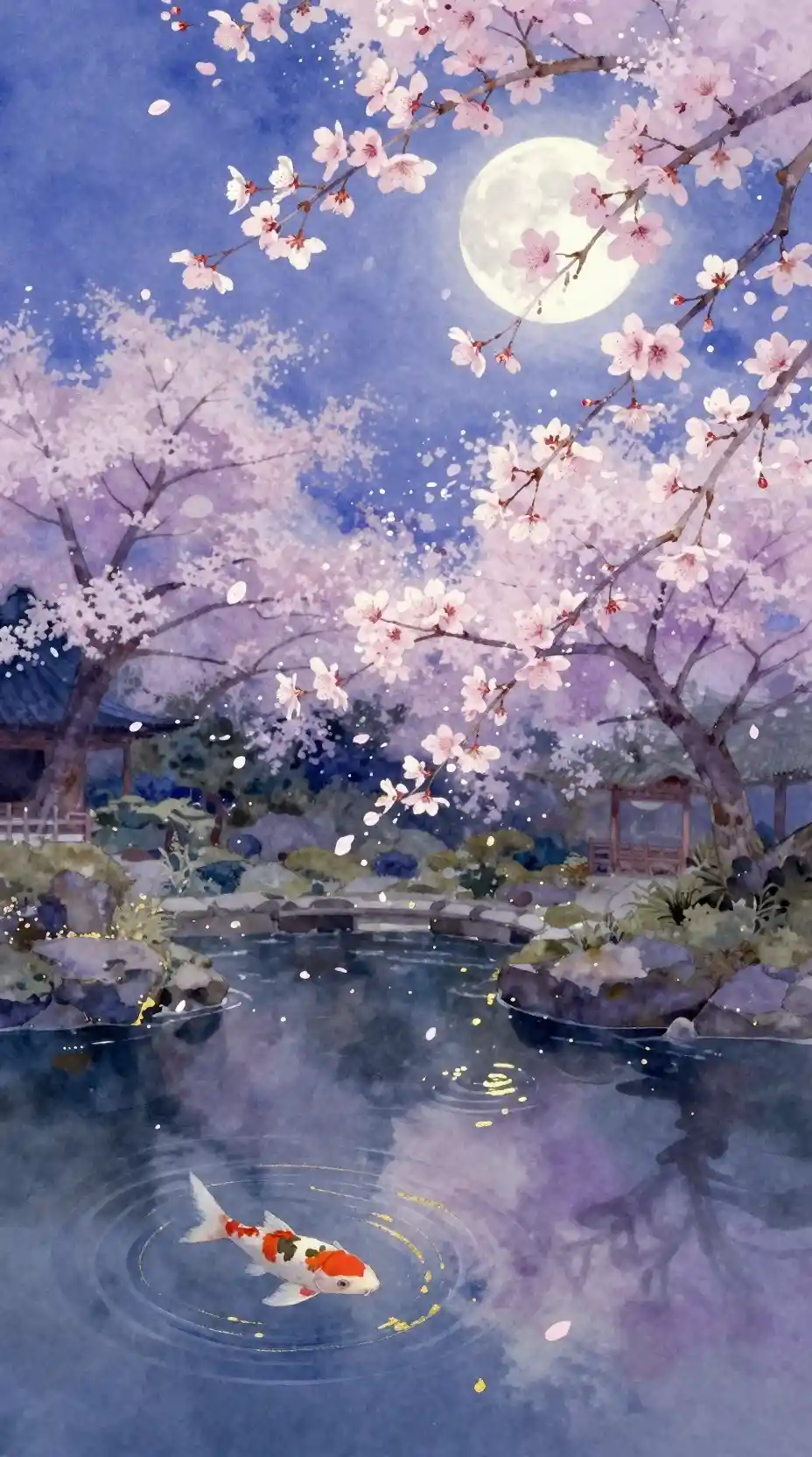Japanischer Garten im Mondlicht Aquarell mit Blüten und Teich
