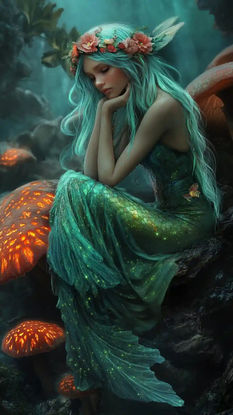 Contemplative teal haired fairy resting on glowing mushrooms