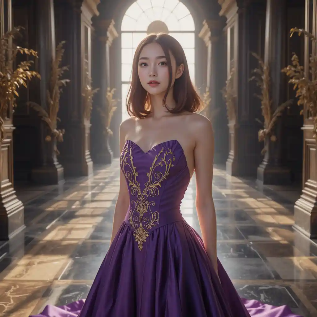 Korean woman in royal purple satin ballgown in baroque room