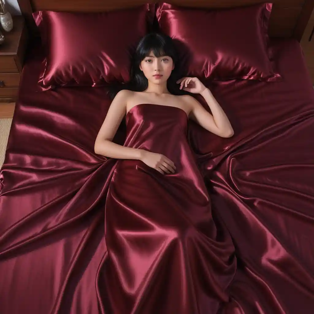 Japanese woman resting on glossy maroon satin bed sheets