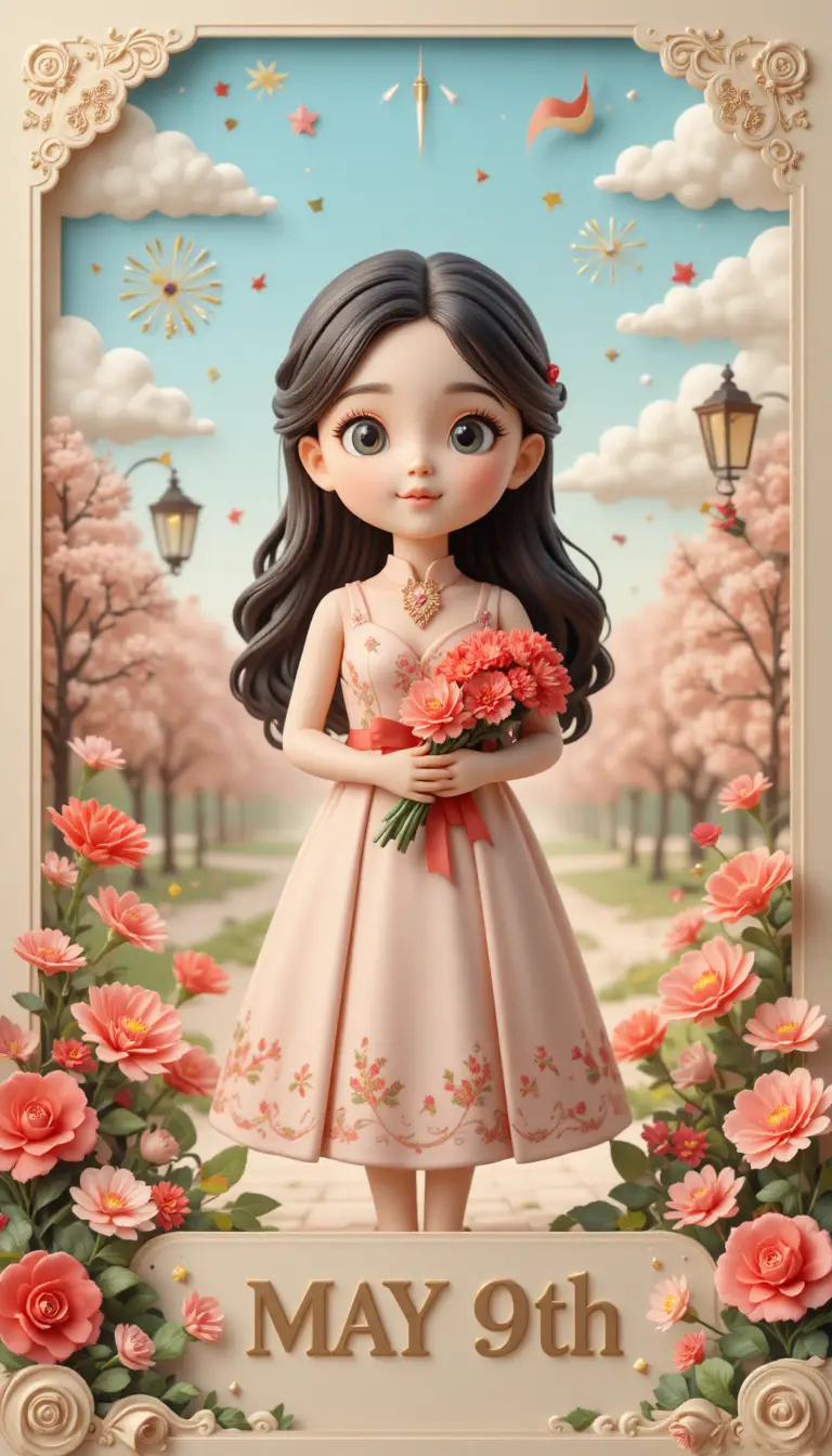 Kawaii clay girl with carnations in spring city park