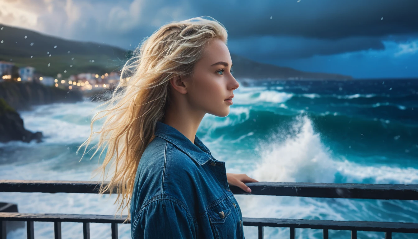 Young blonde woman on a stormy balcony above the ocean