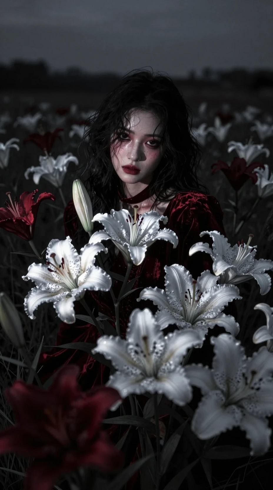 Field of lilies in stark high contrast twilight scene