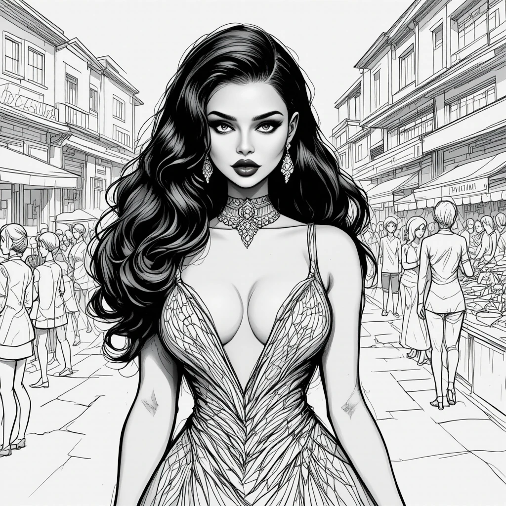 Elegant woman in plunging dress at busy street market