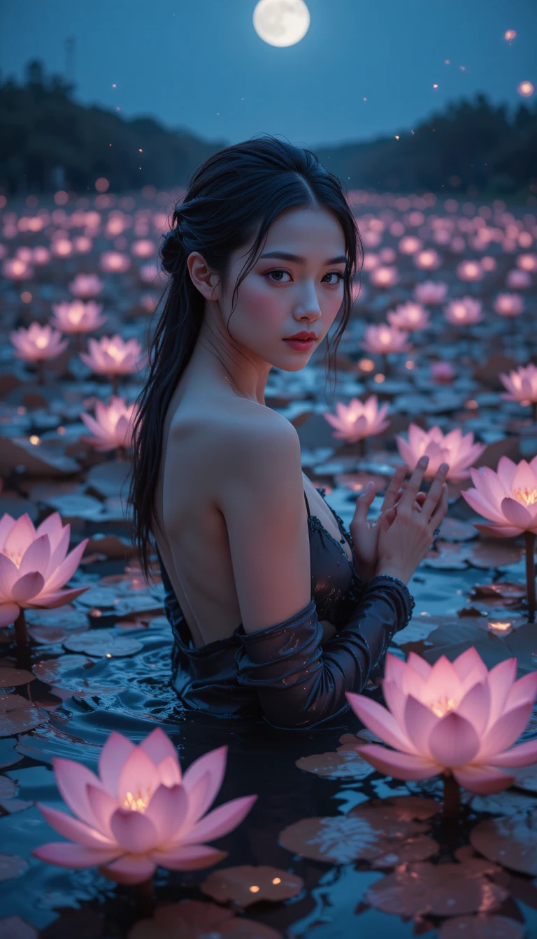 Woman in a twilight lotus pond with glowing flowers