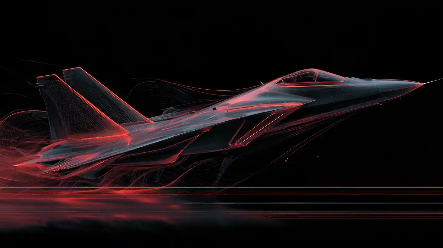 Futuristic black fighter jet with red highlights in motion