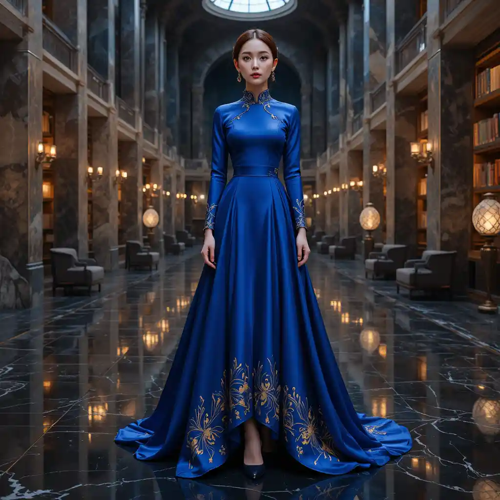 Korean student in lapis blue gown in aetheric library