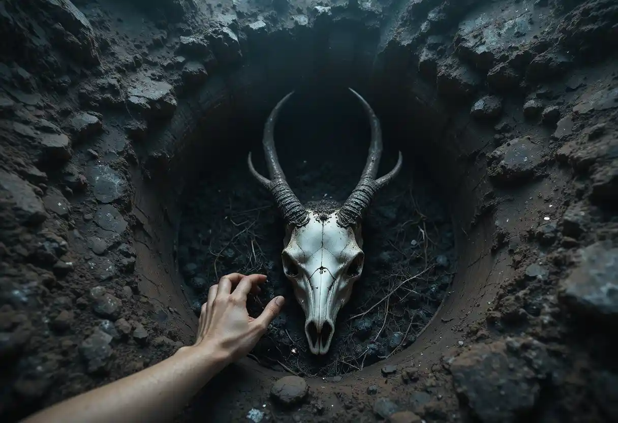 Hand Uncovers Mud Covered Skull In Deep Earthen Pit