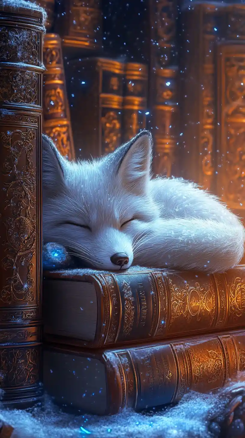 Arctic Fox Resting Among Frosted Spellbooks In Library