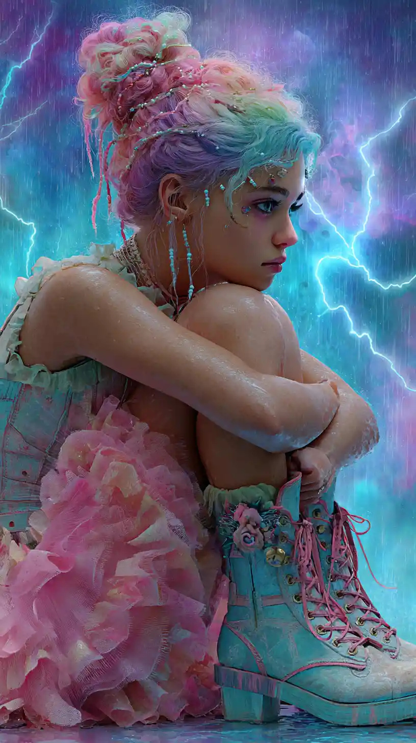 Sad young girl curled up in the rain with lightning