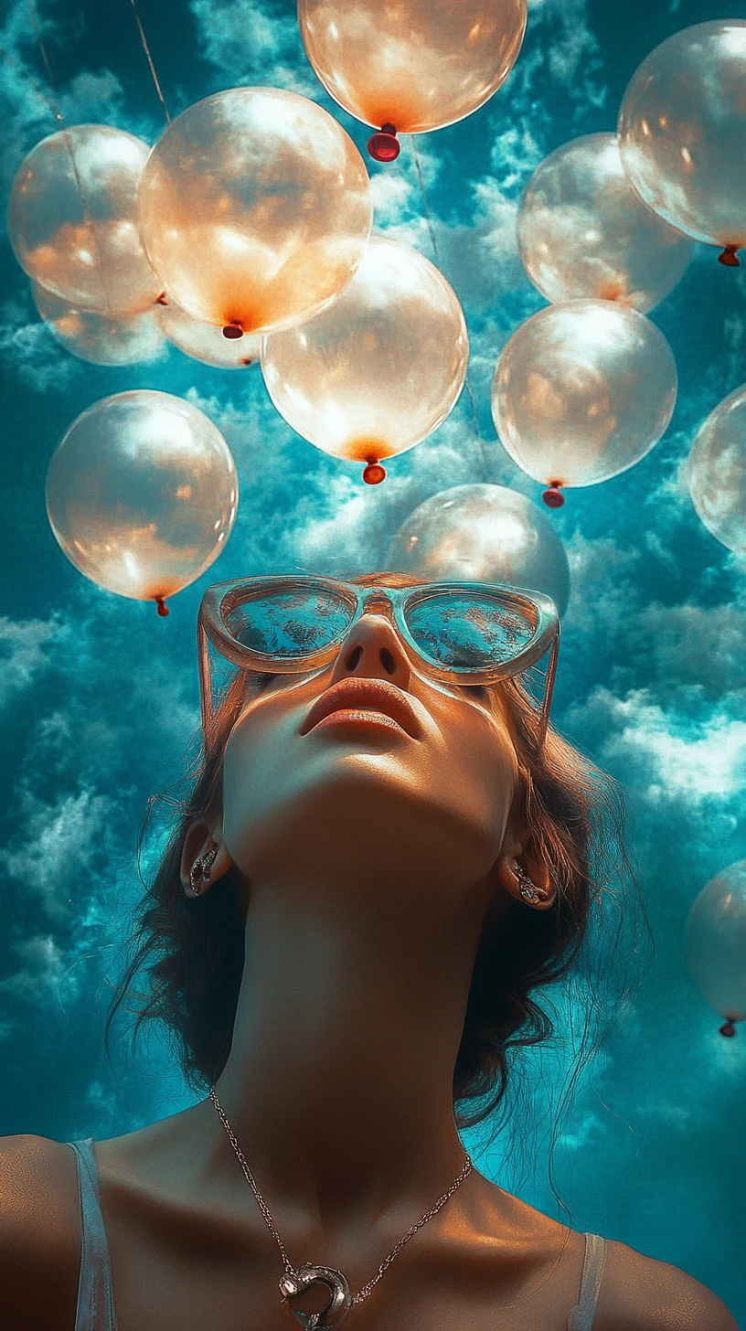 Whimsical woman gazing up at glowing balloons in surreal sky