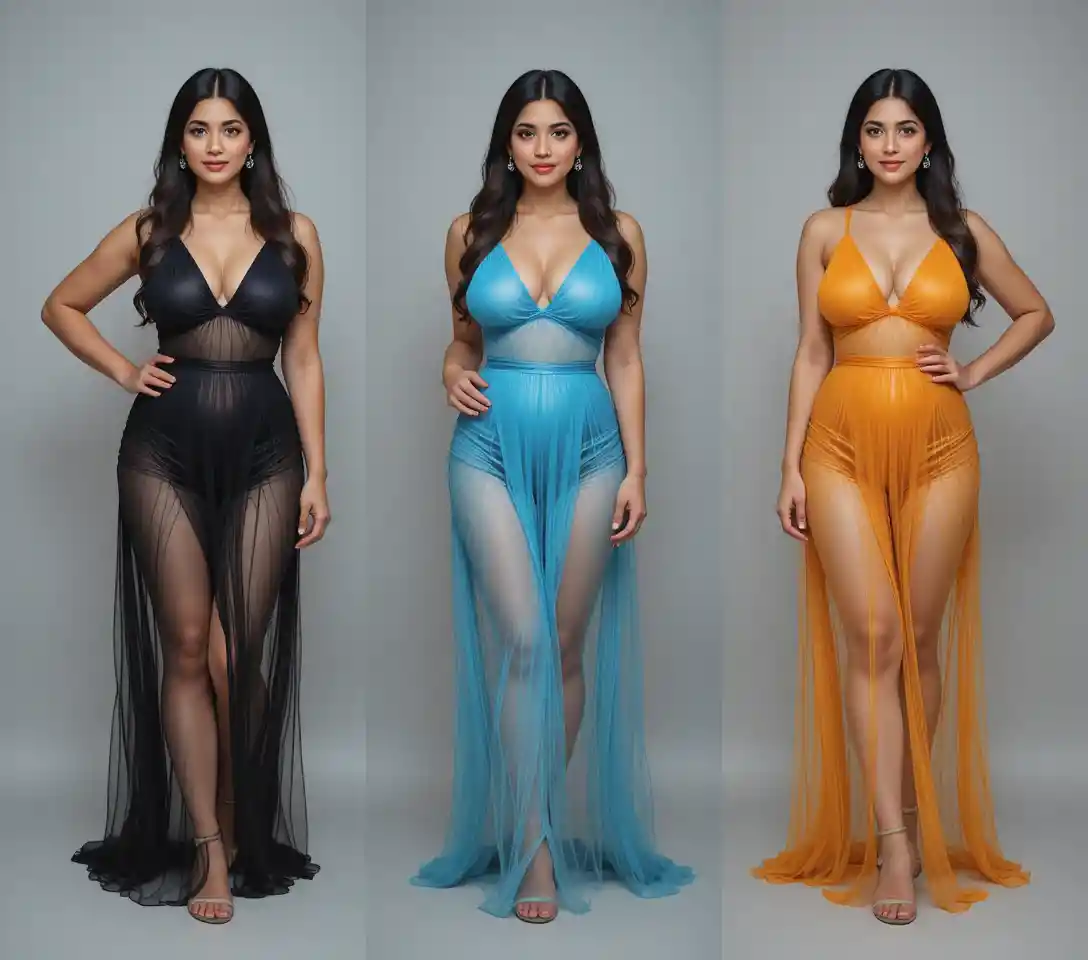 Full body Indian woman posing in sheer fashion dress