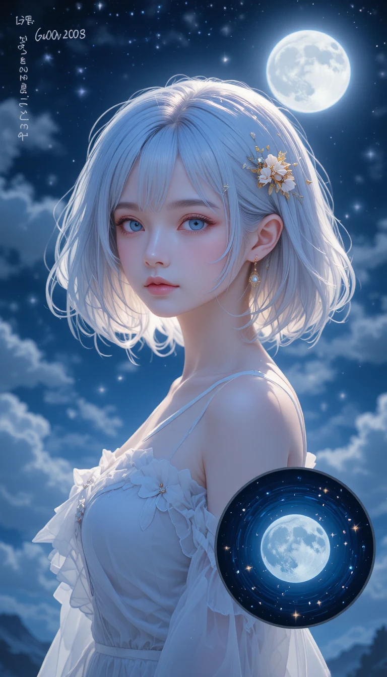 Moonlit anime girl with silver hair under a starry sky
