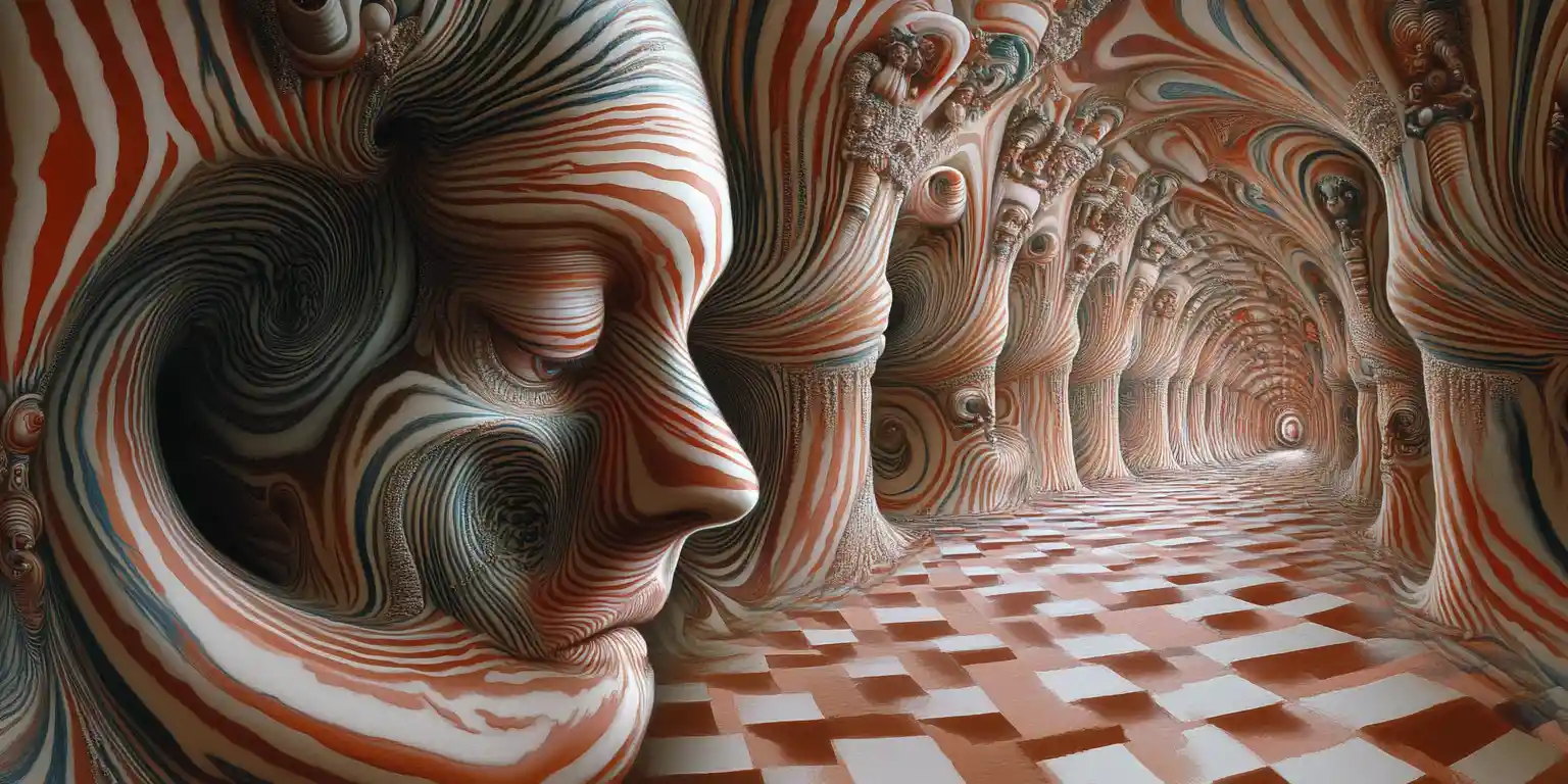 Surreal optical illusion artwork with multiple layered scenes