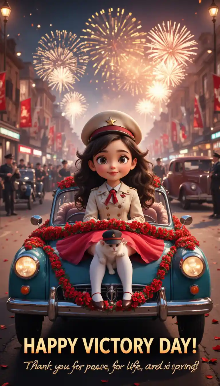Little girl in retro car at bright victory day parade