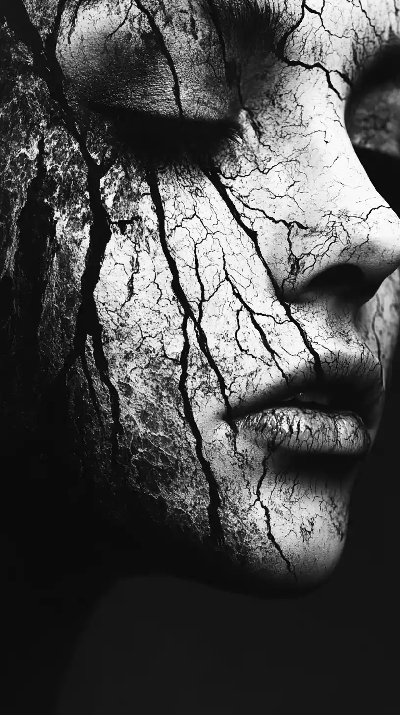 Surreal split face portrait in stark monochrome contrast