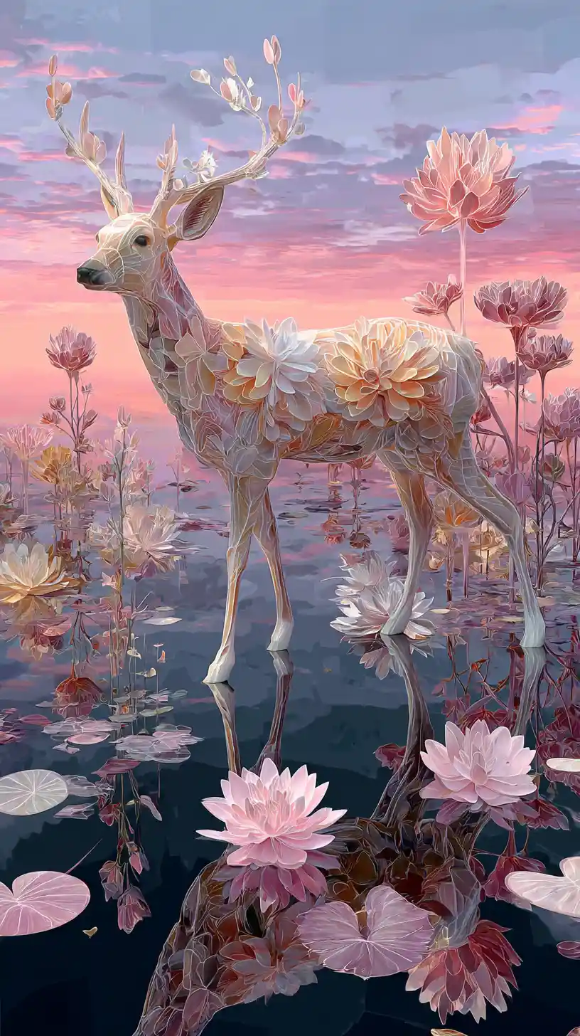 Surreal deer in a reflective pastel fantasy landscape