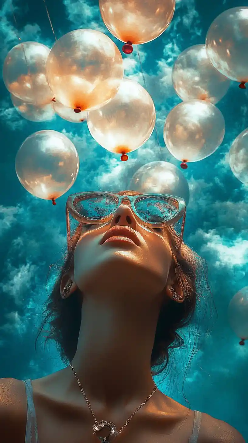 Whimsical woman gazing up at glowing balloons in surreal sky