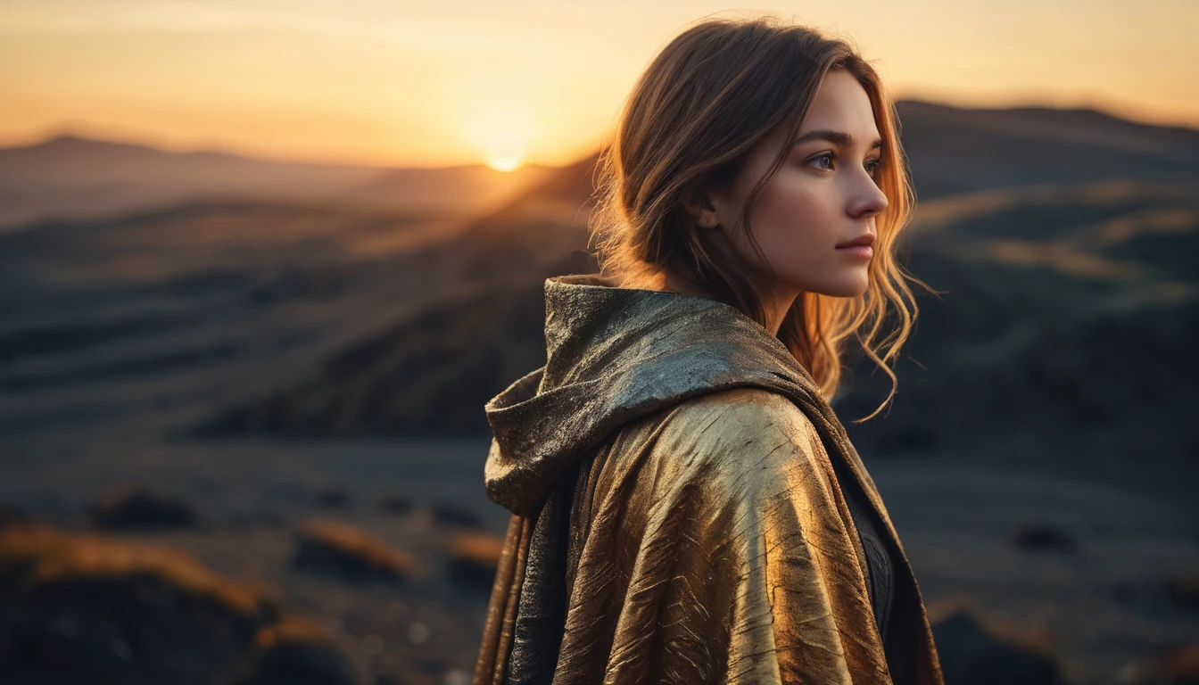Young woman gazing back at a distant retreating planet