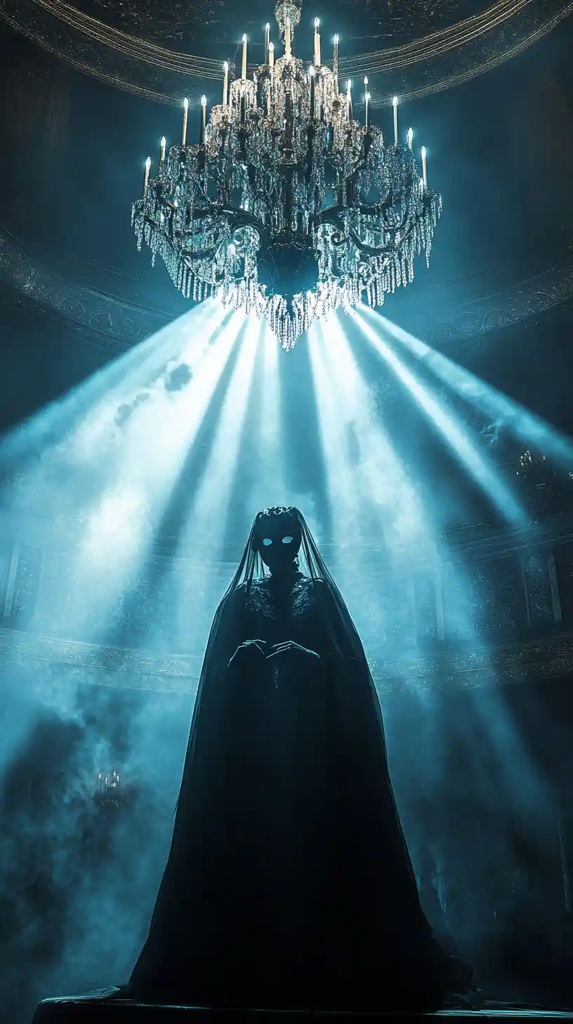 Masked figure on stage in a gothic theater under chandelier
