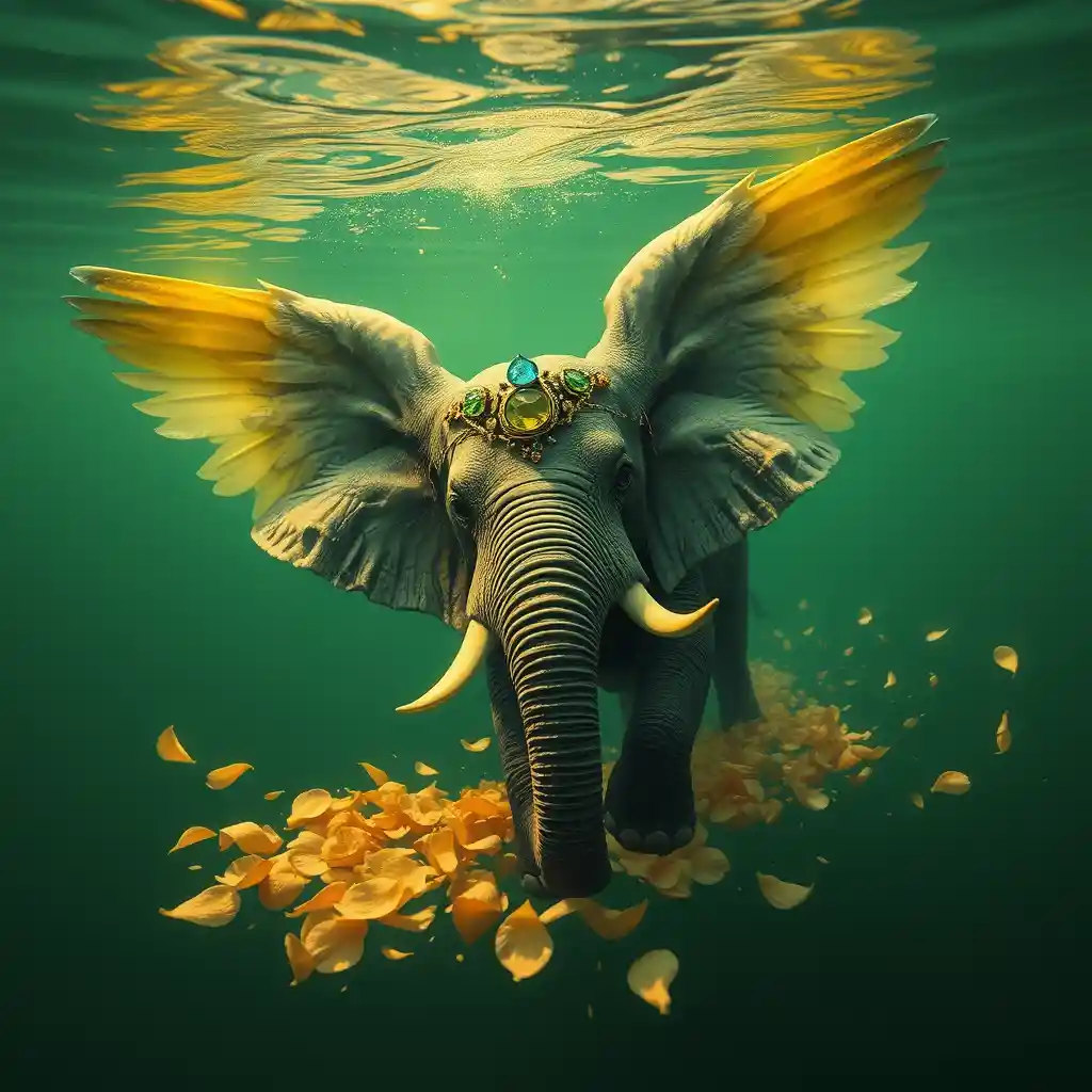 Elefante alato che scivola sott’acqua in una luce verde brillante