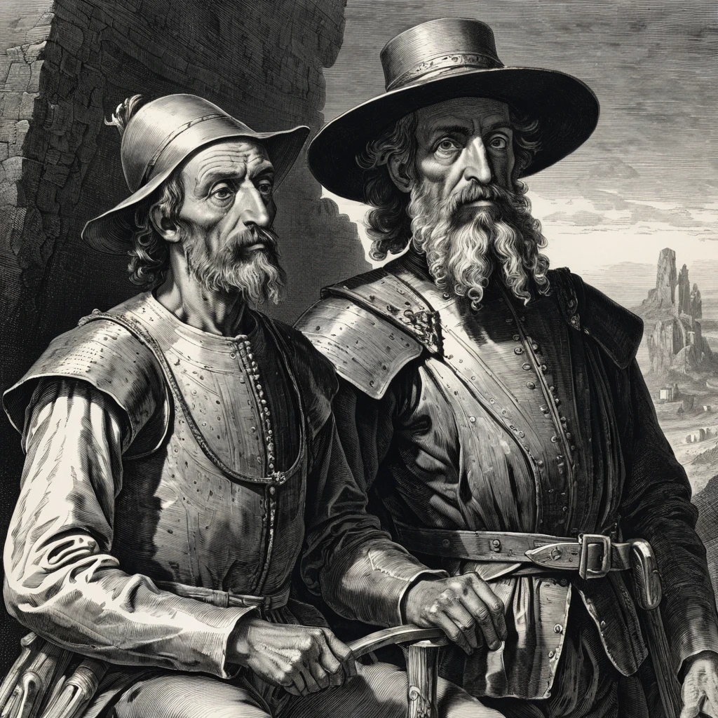Close up portrait of don quixote and sancho panza engraving