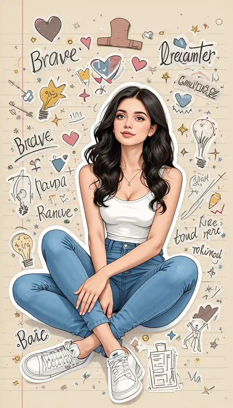 Dreamy girl sitting cross legged on notebook paper