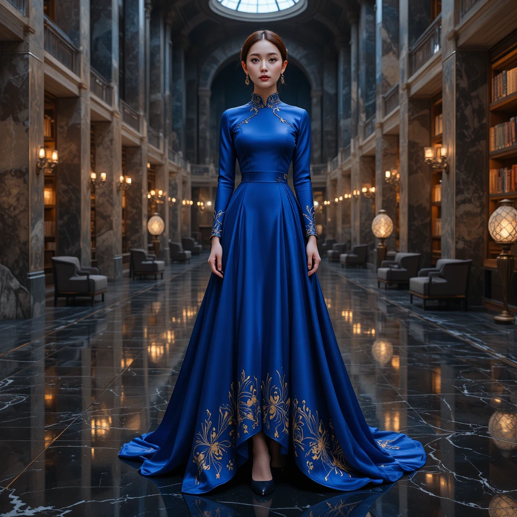 Korean student in lapis blue gown in aetheric library