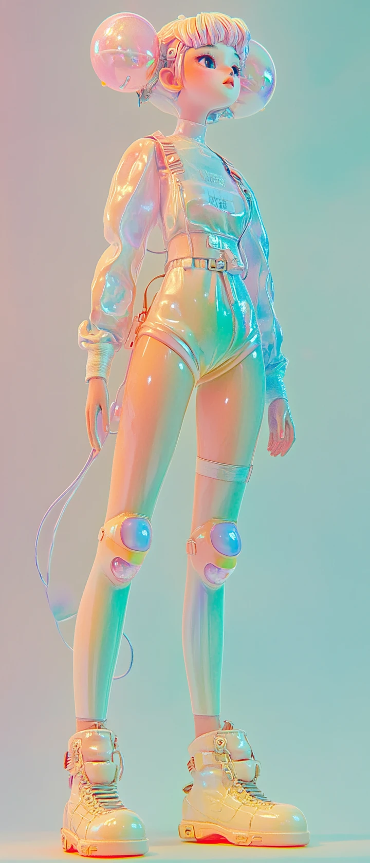 Cute metallic fairy standing in a whimsical pastel scene