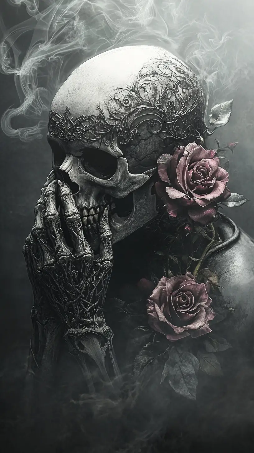 Macabre skull with roses in gothic tattoo style
