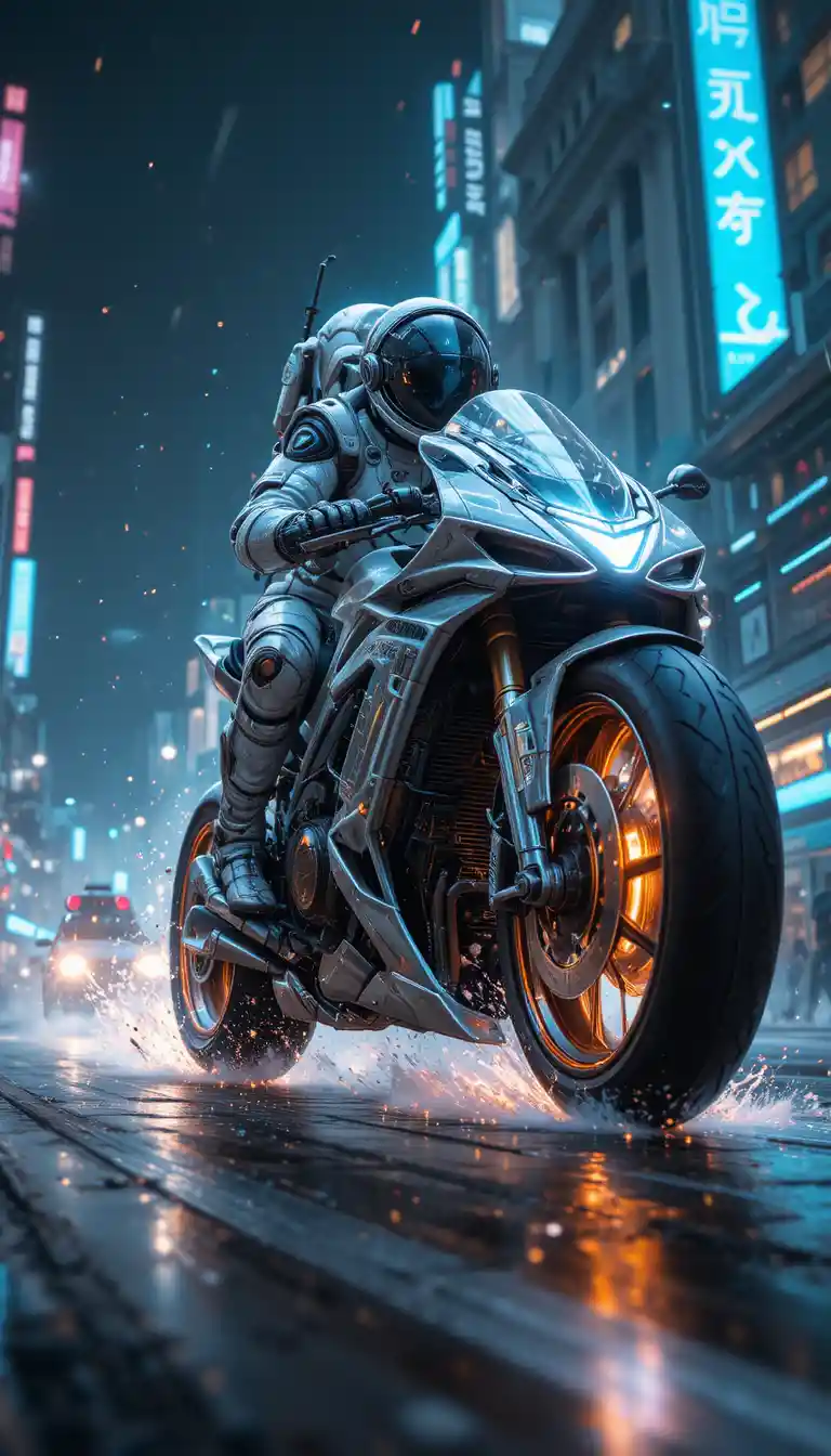 Futuristic wheelless motorcycle racing through neon city night