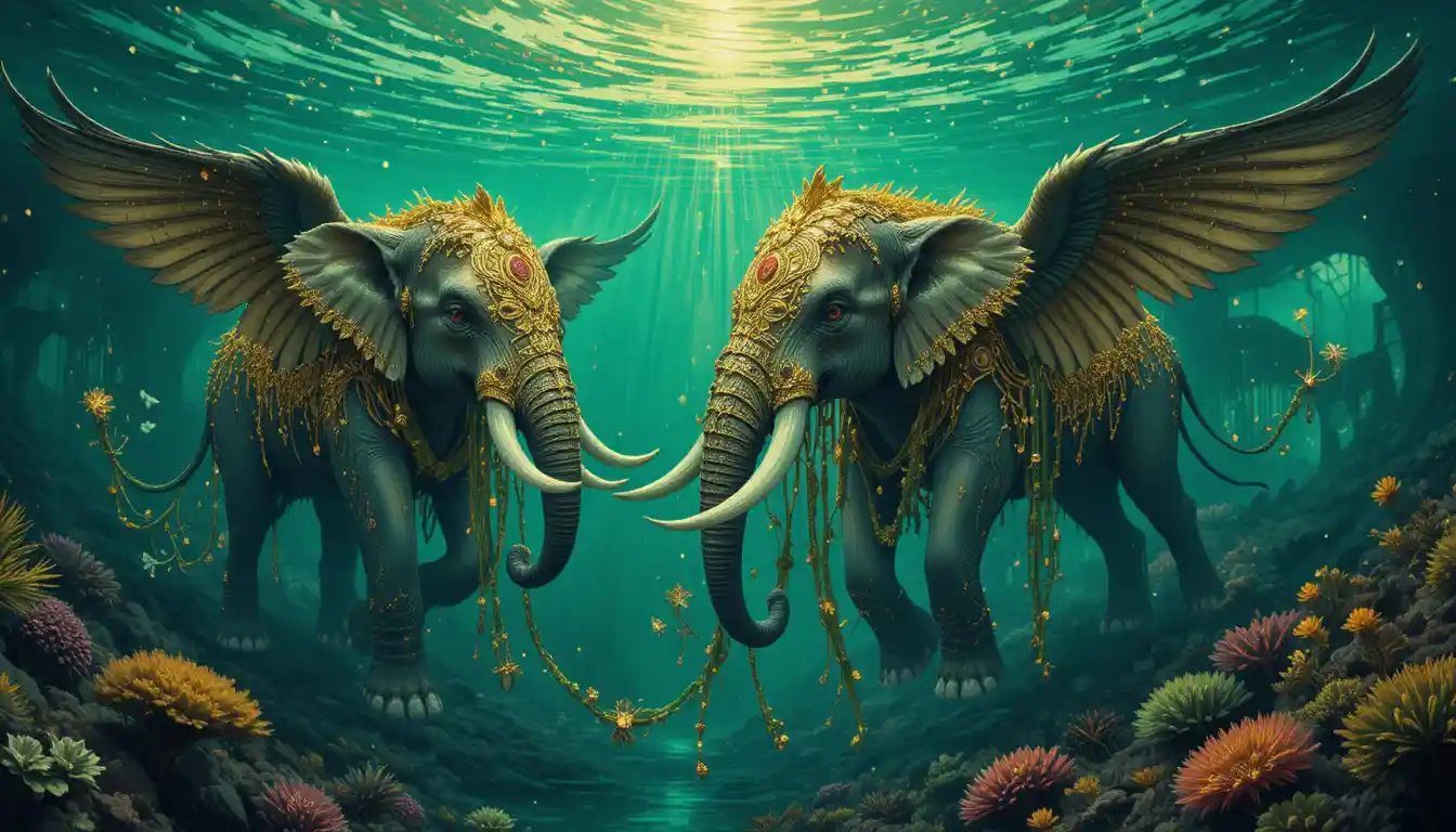 Majestic winged elephants drifting through a mystical green sea