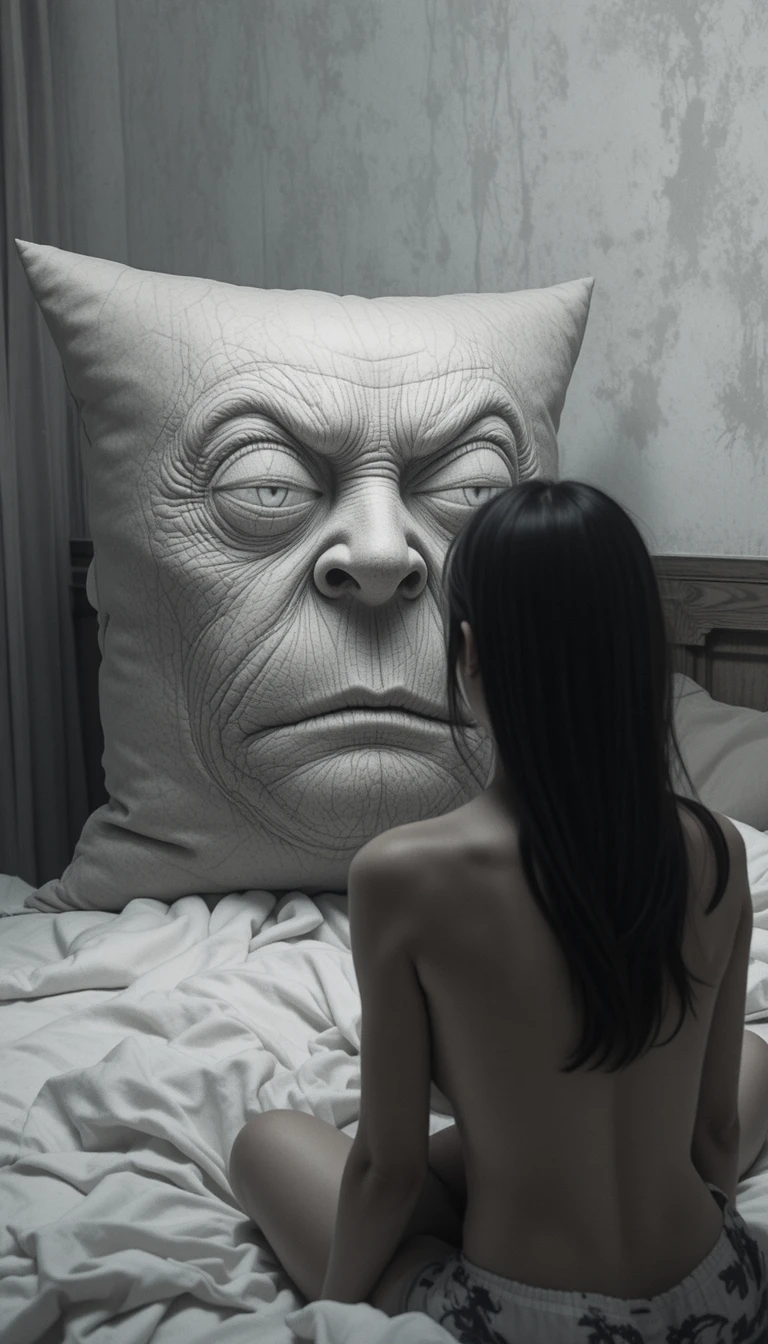 Woman on bed beside grotesque expressive pillow face