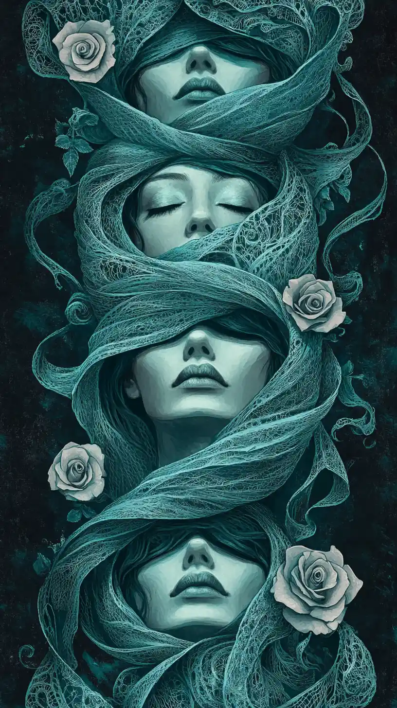 Vertical gothic trio of figures in flowing spiral arrangement