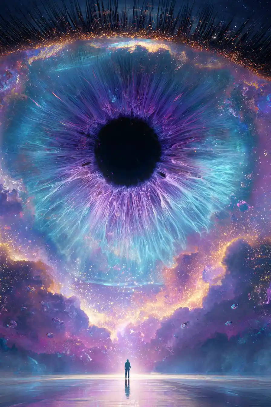 Gigantic cosmic eye watching a lone human in space
