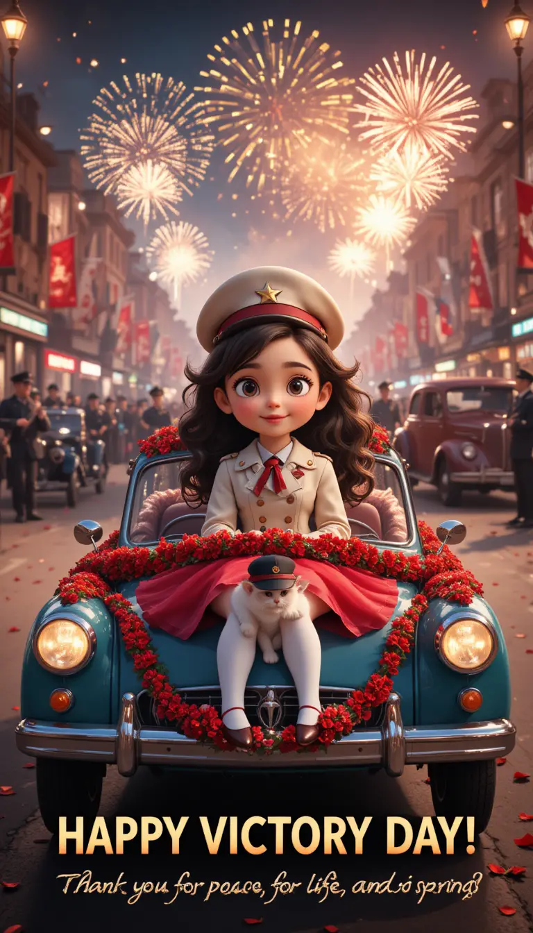 Little girl in retro car at bright victory day parade