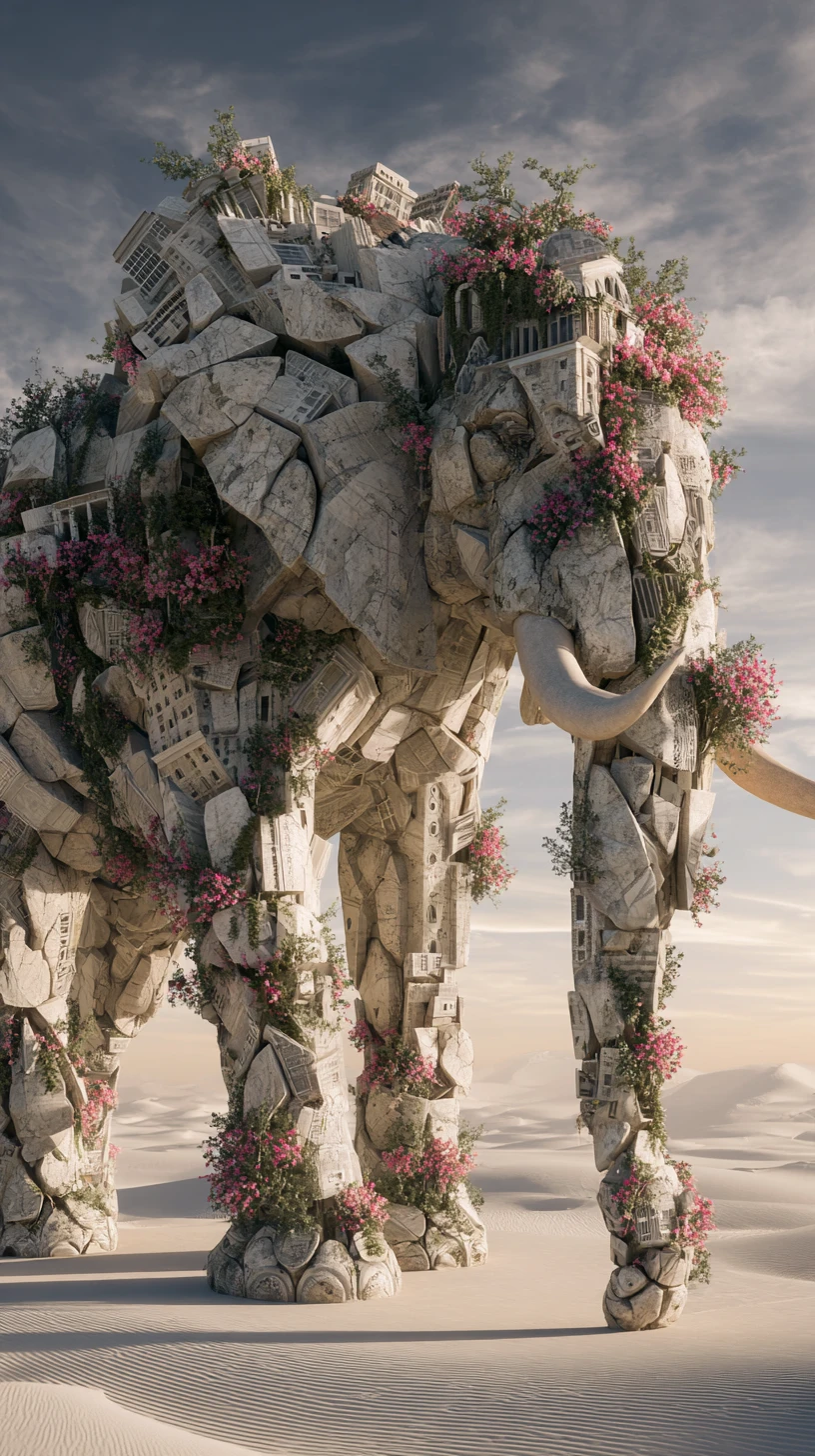 Surreal Stone Elephant Ruins In A Fractured Desert Sky