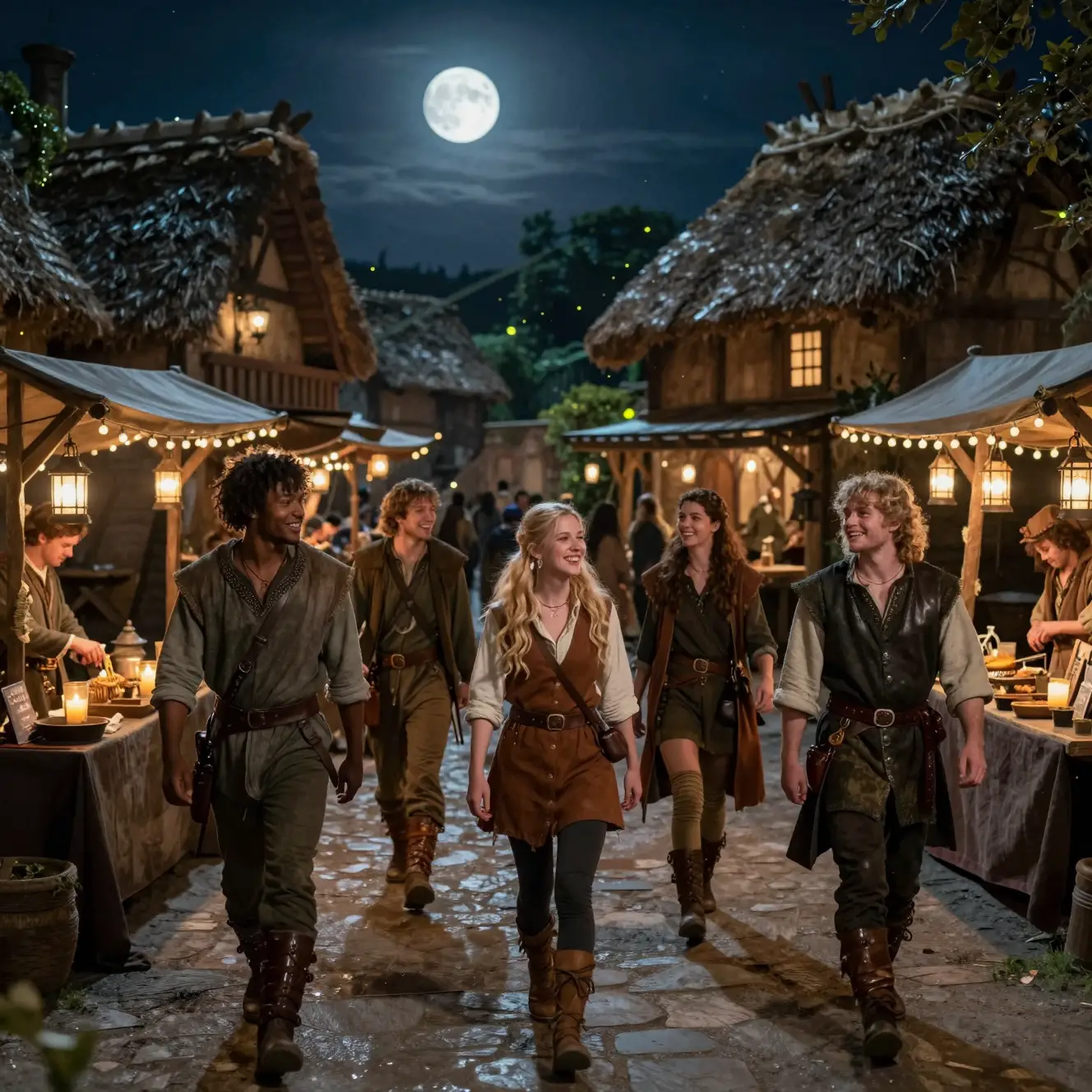 Adventurers Exploring A Fantasy Market Street At Night