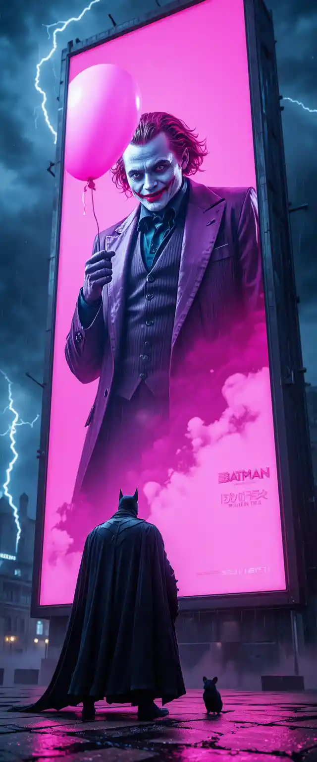 Superhero In Rain Before Neon Villain Billboard At Night