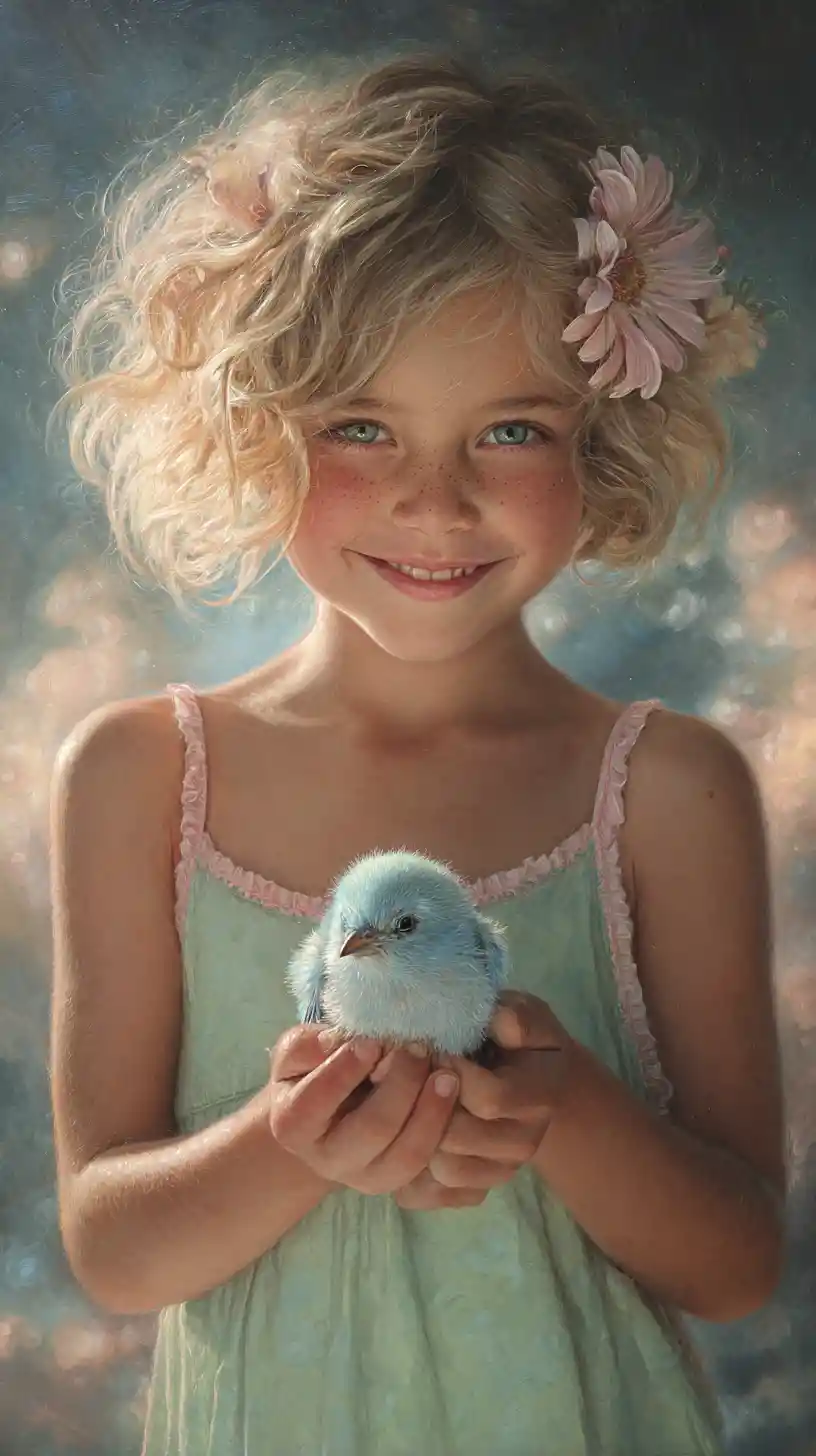 Smiling girl holding a blue bird under dreamy pastel skies