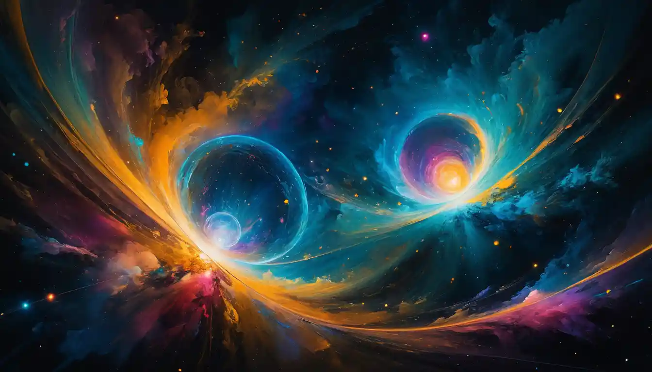 Atomi cosmici che vorticano in un drammatico universo dipinto a olio